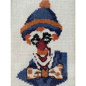 Creepy Clown Vintage Cross Stitch Small Framed Folk Art‎